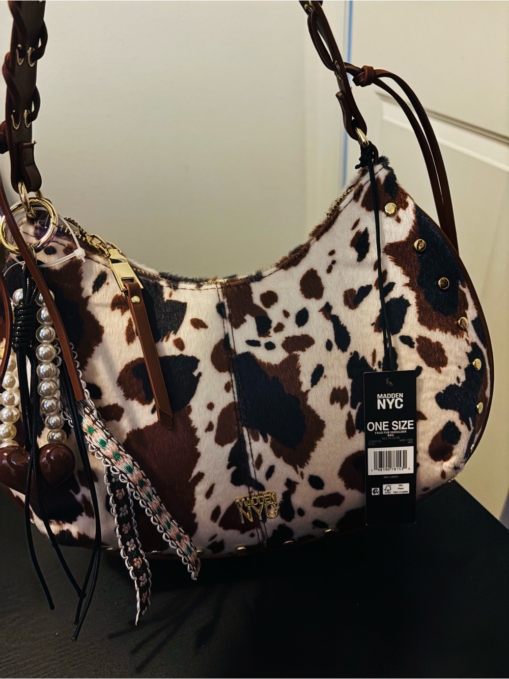 Madden NYC Cowhide-Print Hobo Bag in Brown and White